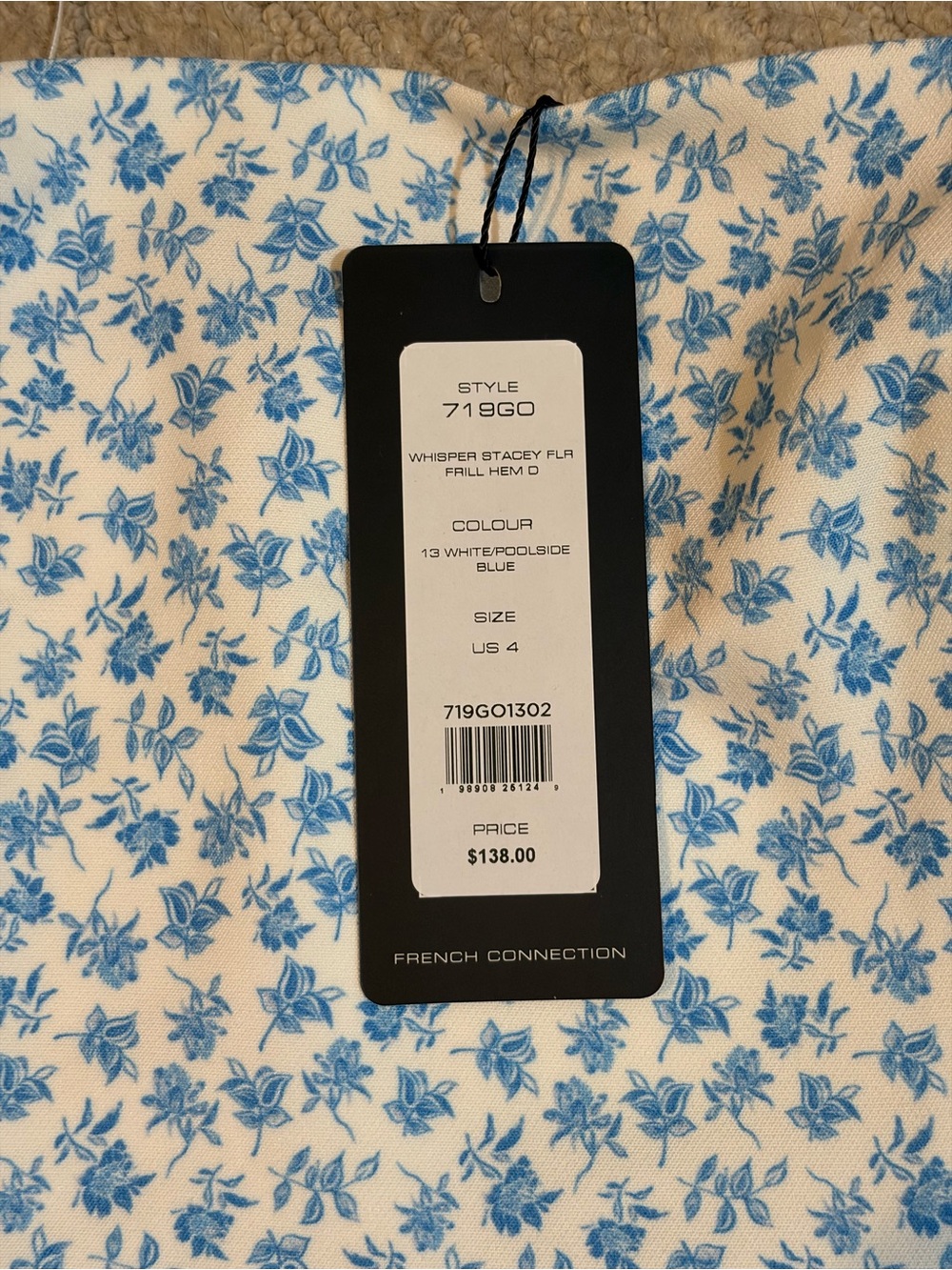 French Connection White & Pool Blue Mini Slip Dress with Ruffle Hem - Picture 6 of 6